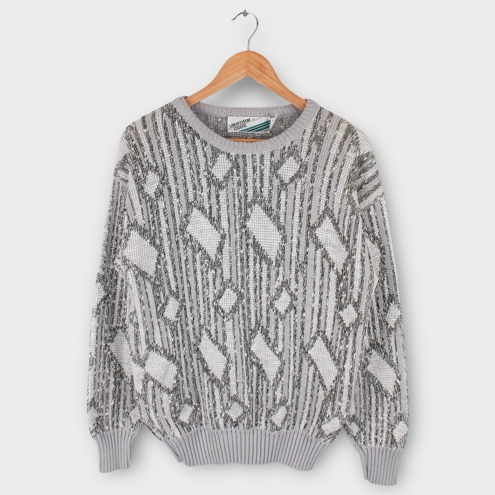 Vintage 90s Silver Geometric Textured‎ Abstract Sweater Size Large Pullover